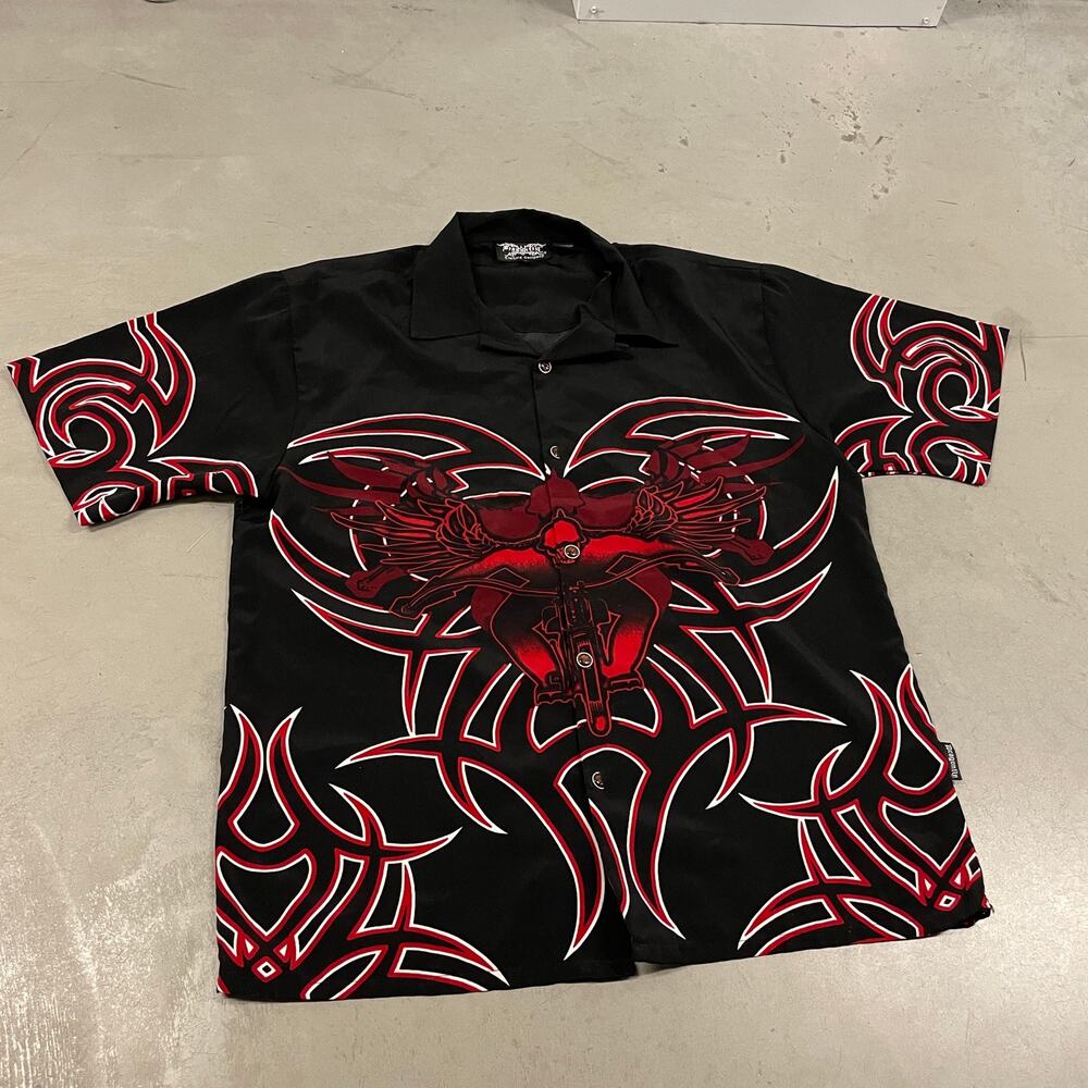 Vintage Y2K grunge biker flame button down shirt
